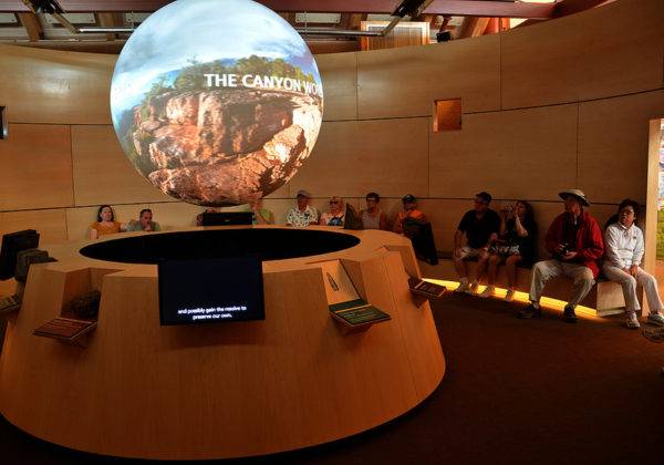 Guests sitting around a globe projection