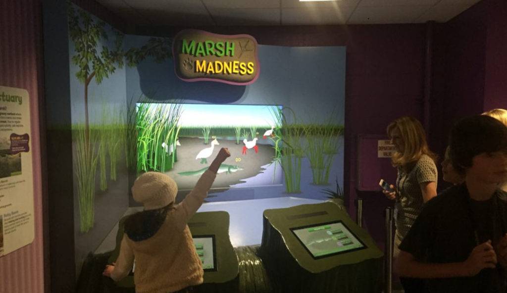 Mother and daughter enjoying a game called Marsh Madness which involved a screen on the wall, and is controlled by user touch-screens