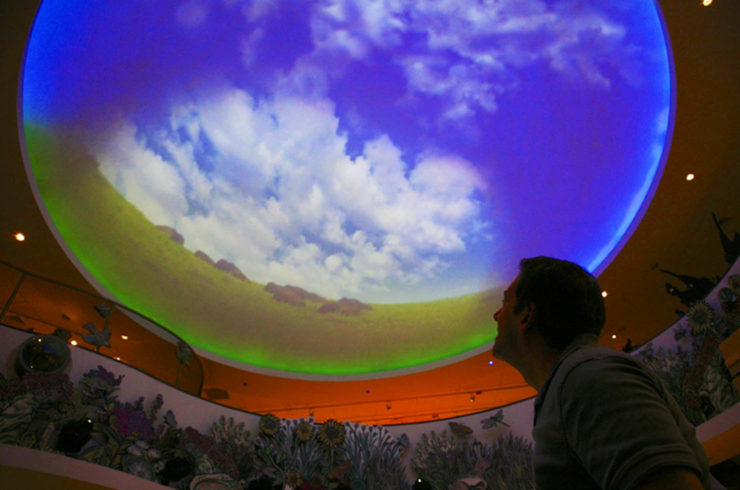 Man looking up at dome ceiling projection of clouds