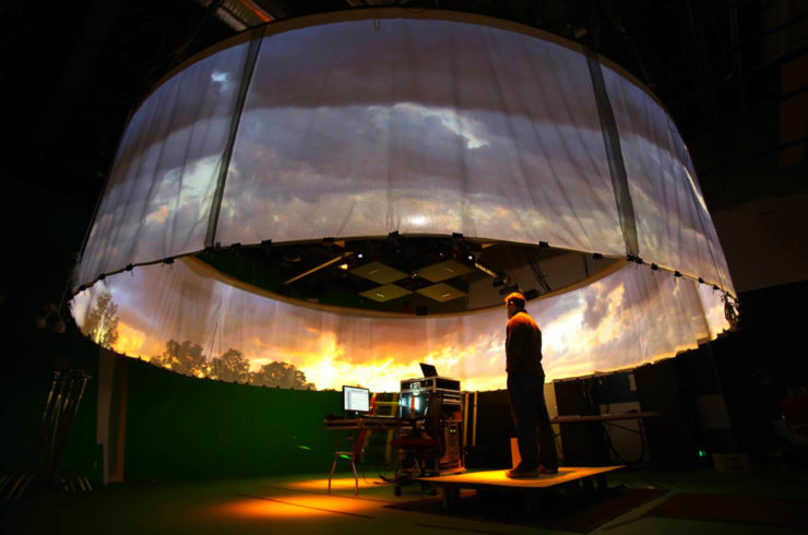 360 degree projection sheet hanging from the ceiling